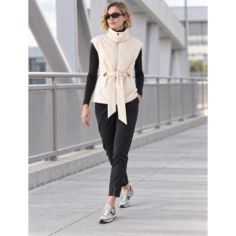 Aday City Summits Puffer Vest Cream Belted Funnel High Neck M Athleisure Modern